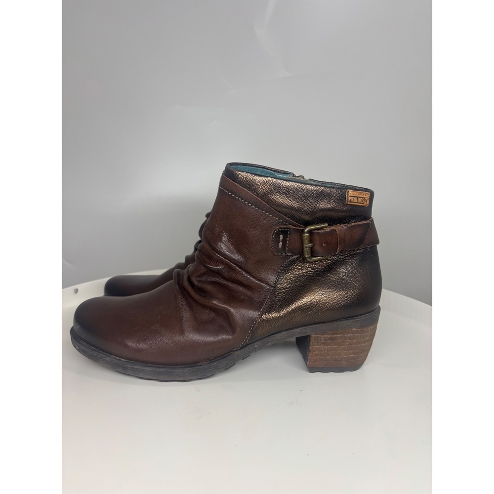Pikolinos Brown Metallic Bronze Leather Ruched Buckle Ankle Boots Size 38